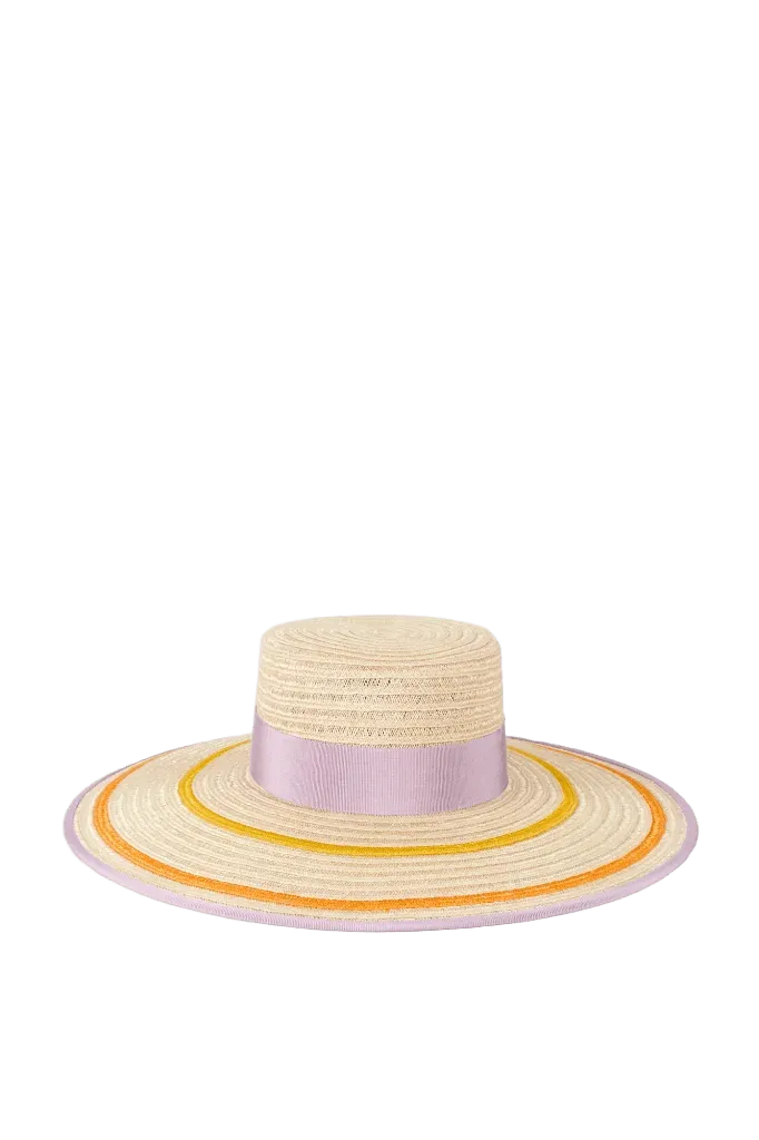 Natural straw hat with lilac & orange striped band