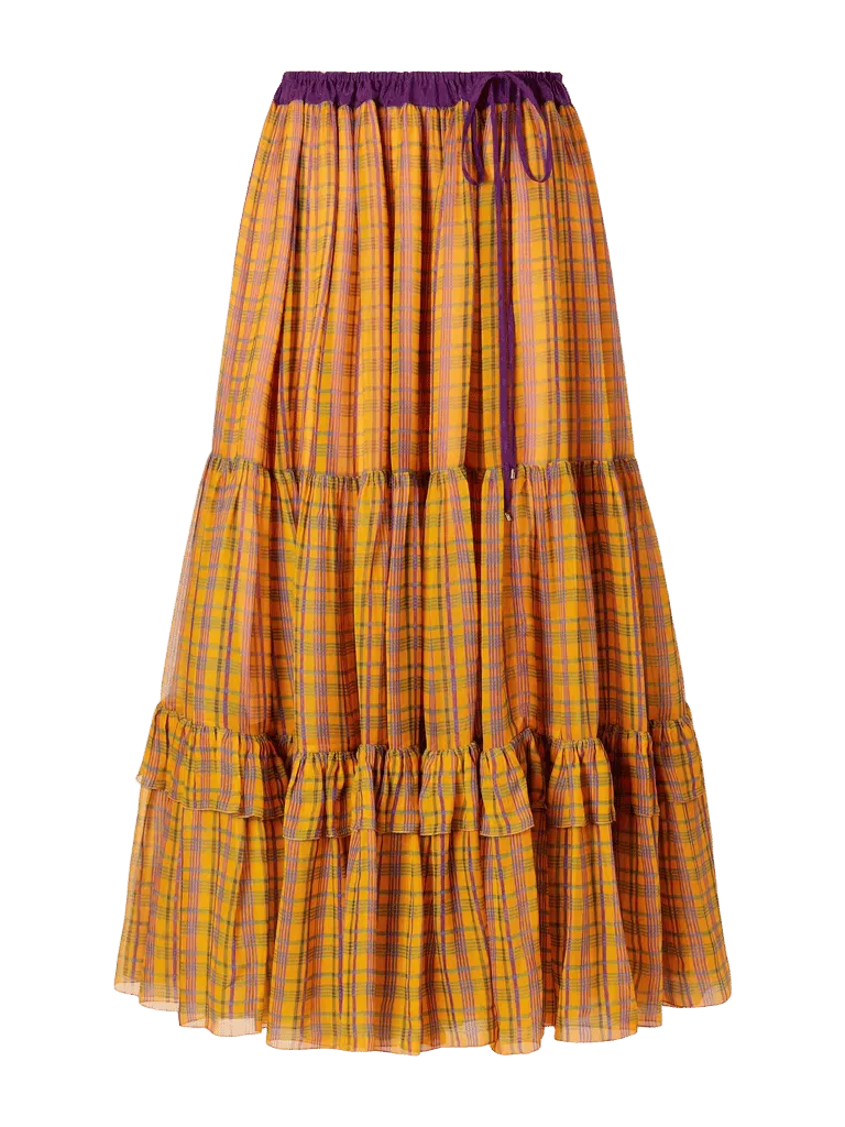 Ruffled tiered checked silk-mousseline midi skirt