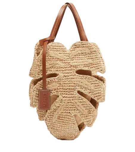 Palm leather-trimmed raffia top-handle bag
