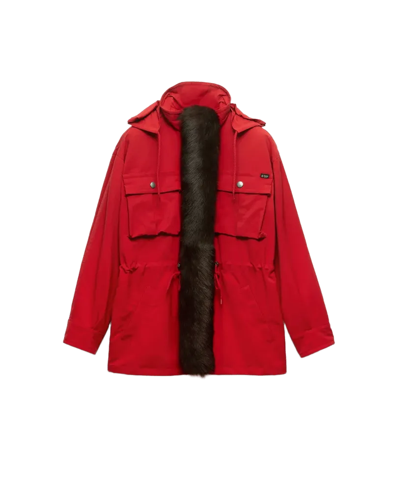 Technical fabric parka with shearling trim