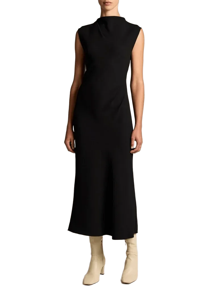 Draped Crepe Funnel-Neck Dress