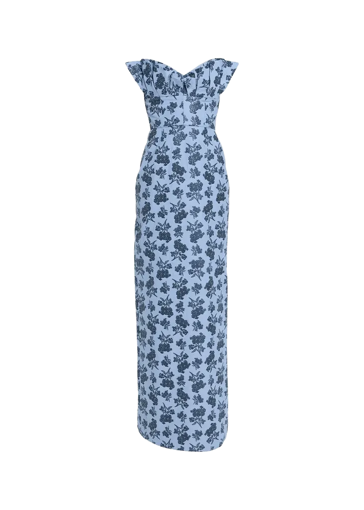 Markarian Rita Strapless Pleated Ruffle Bouquet Jacquard Column Gown