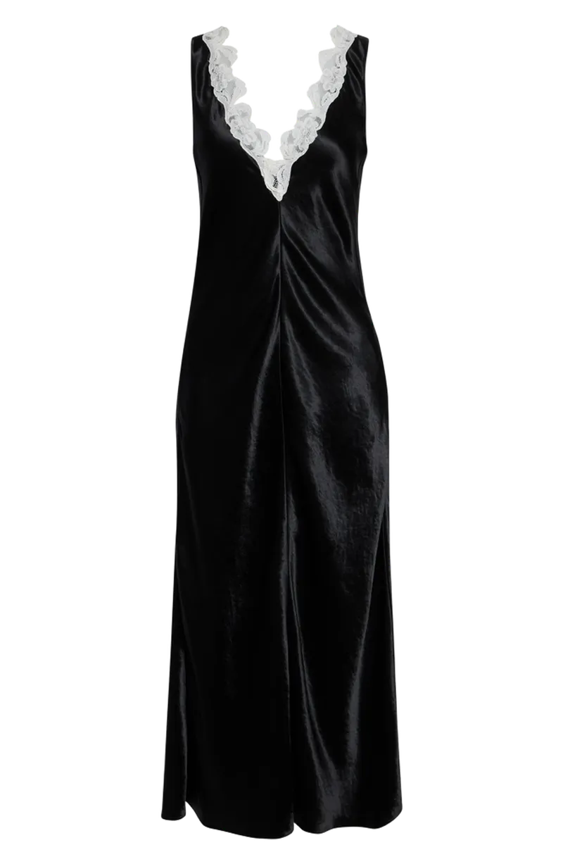 Lace V-Neck Satin Maxi Dress