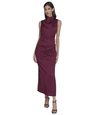Women's Novelty Knit High Cowl Neck Ruche Waist Bodycon Dress