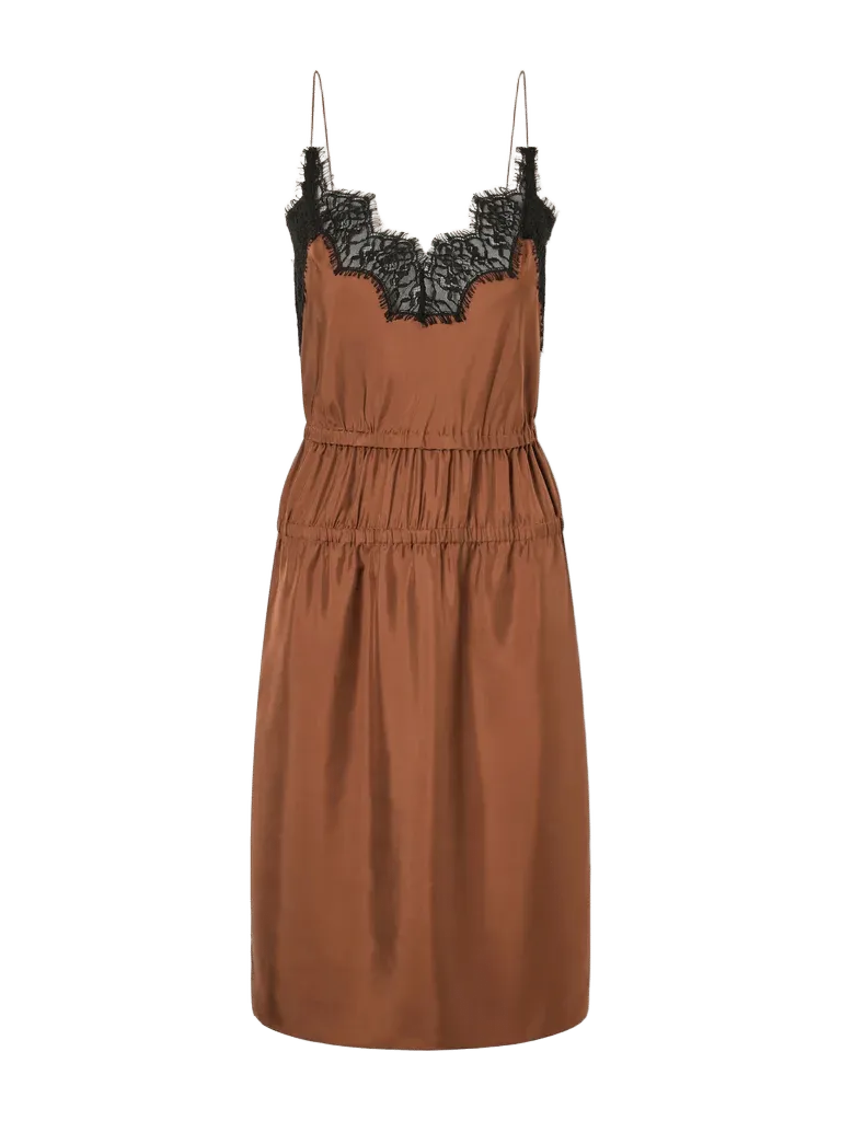 Camura lace-trimmed shirred silk-satin midi dress