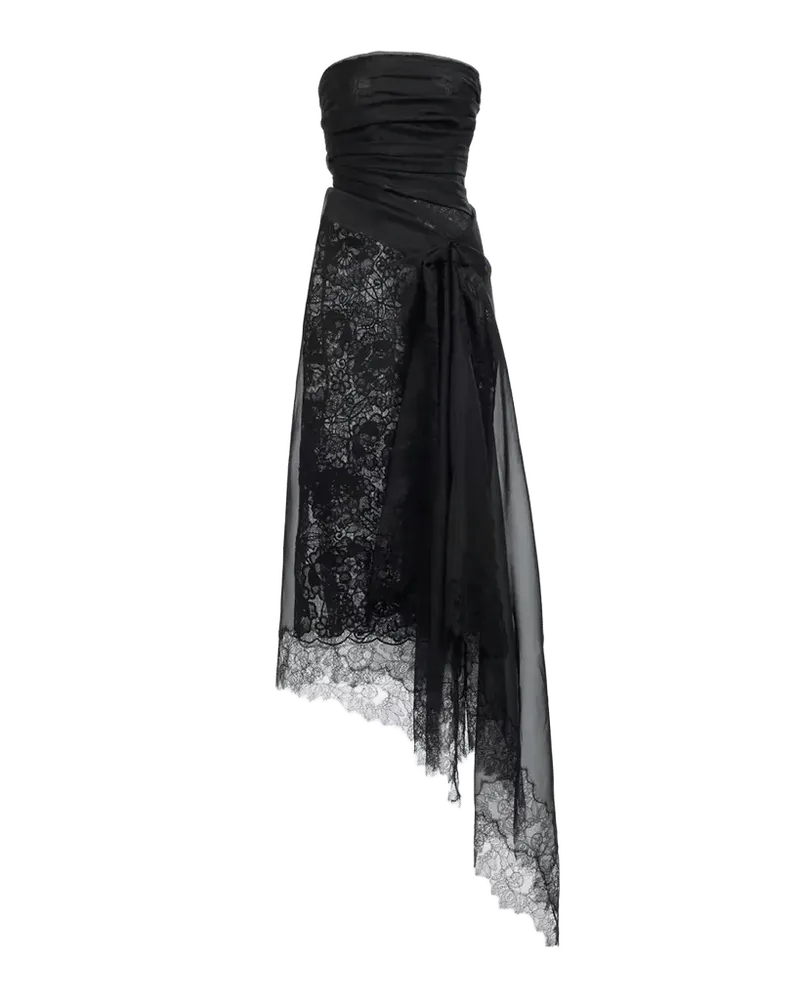 Strapless Asymmetric Layered Lace-Trim Midi Dress