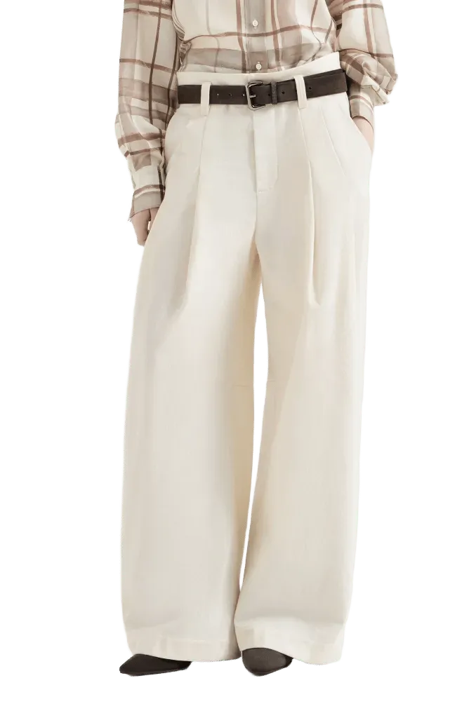 Dyed cotton and wool wrinkled denim five-pocket baggy trousers with monili
