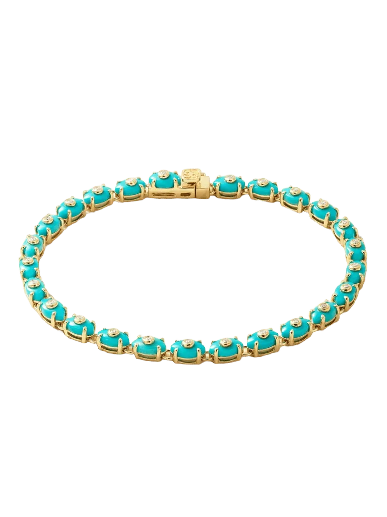 Eternity 14-karat gold, diamond and turquoise bracelet