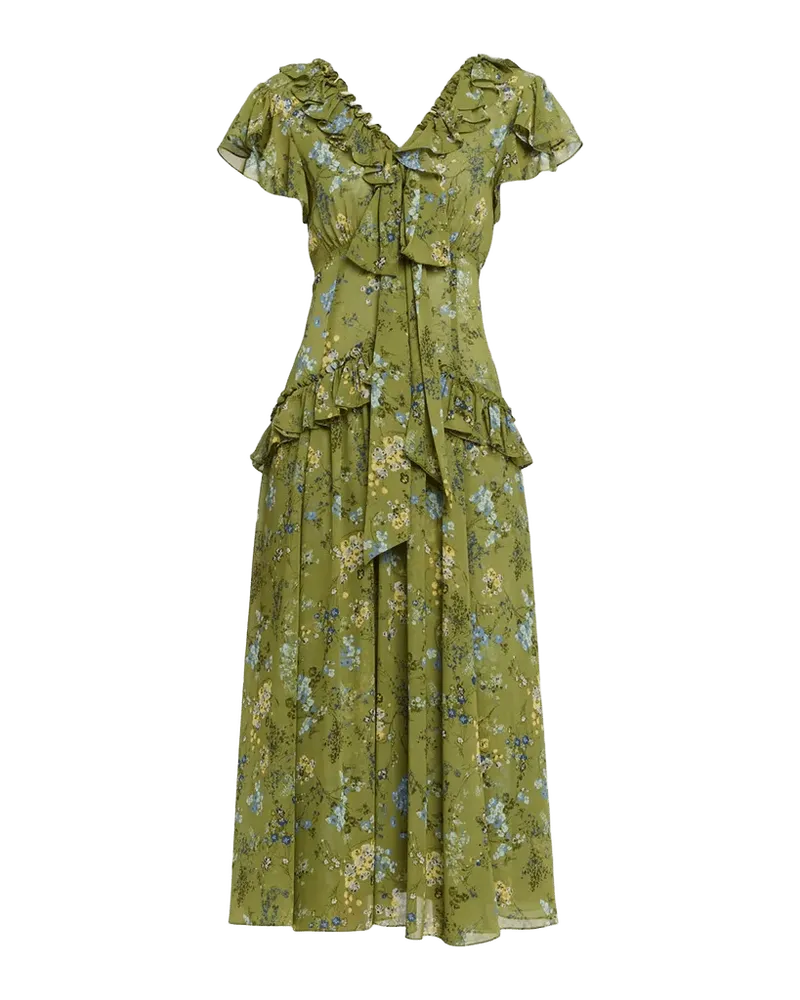 Windswept Floral Siv Ruffle Midi Dress