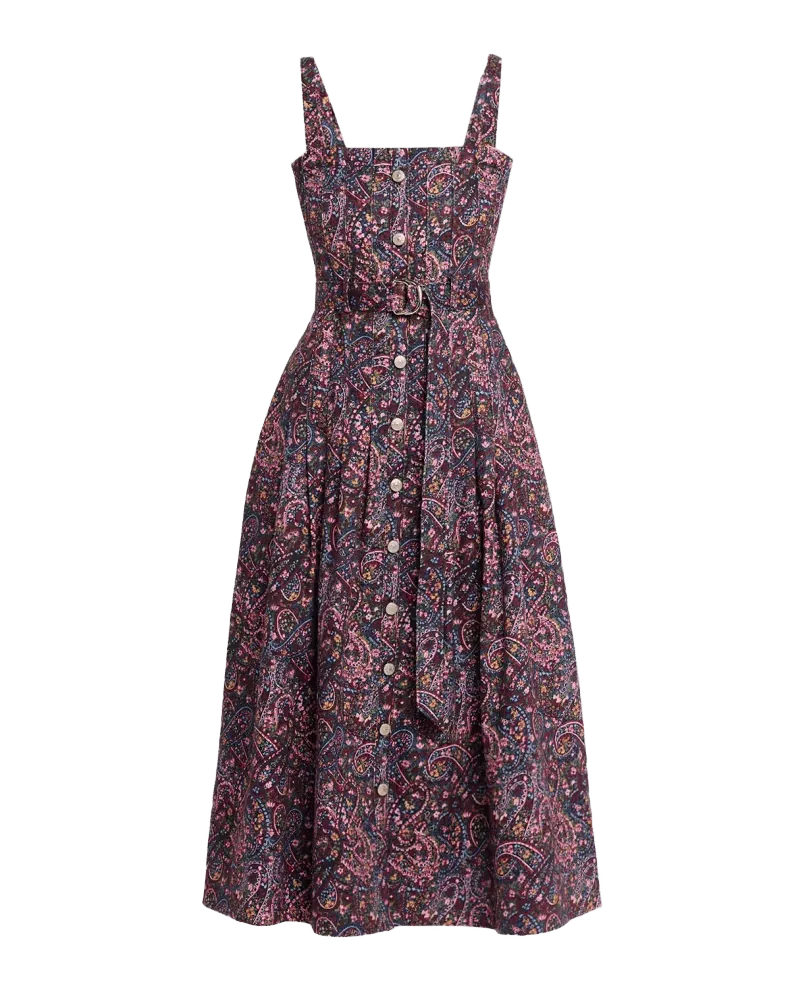 Branwen Belted Paisley Denim Midi Dress