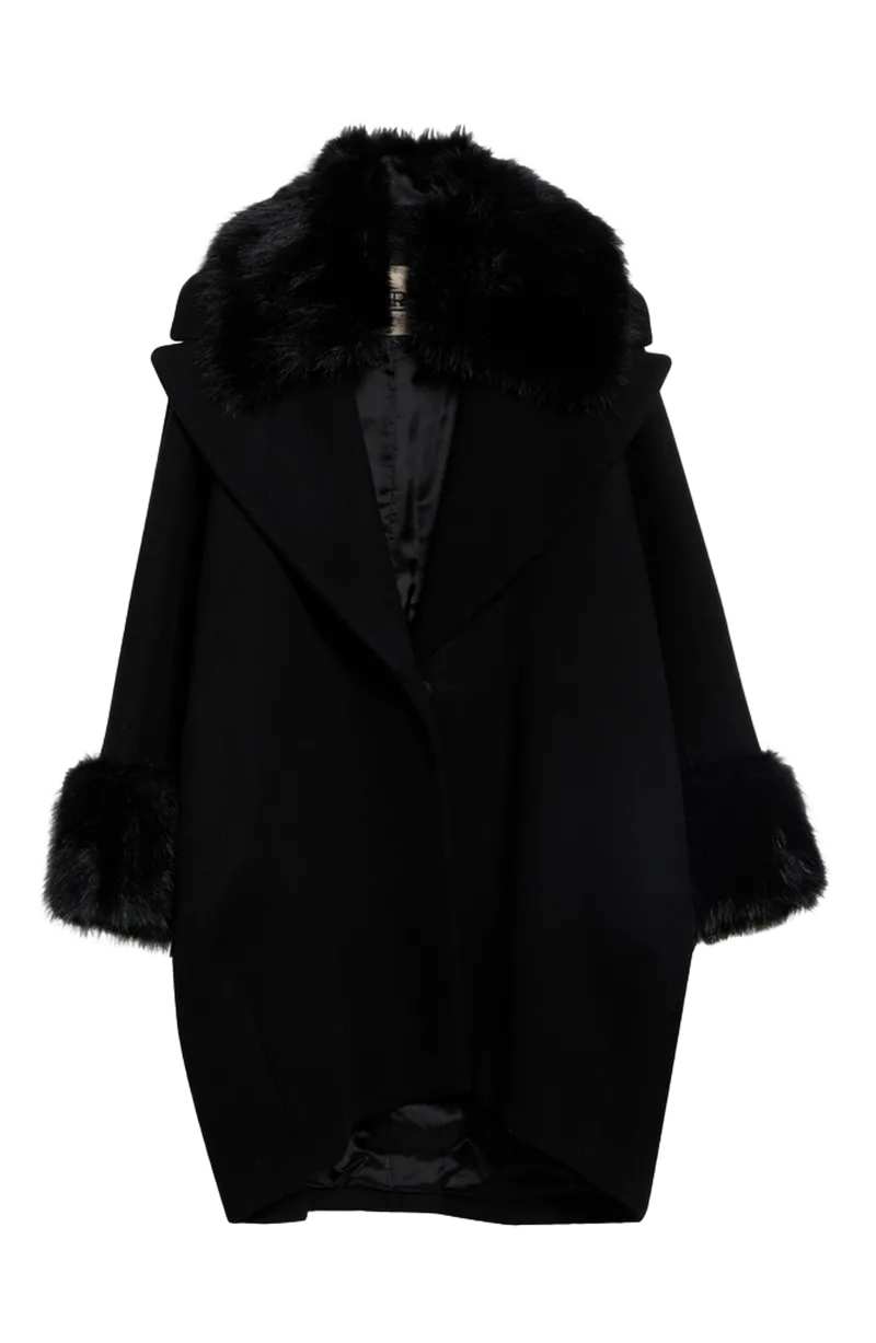 Faux Fur Trim Wool Blend Velour Coat