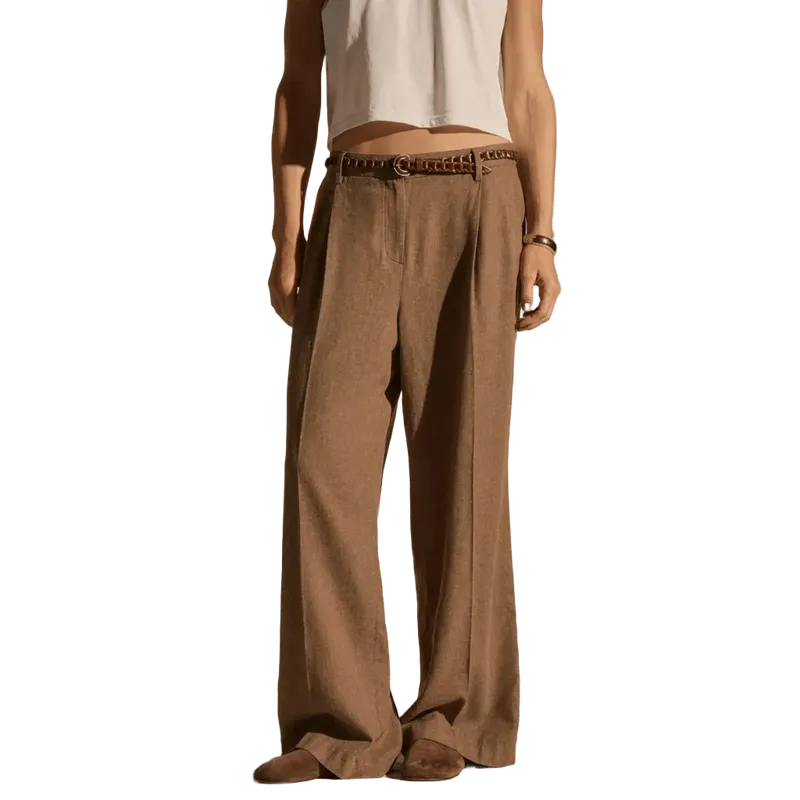Linen Twill Pleated Wide Leg Trouser - Fleck Brown