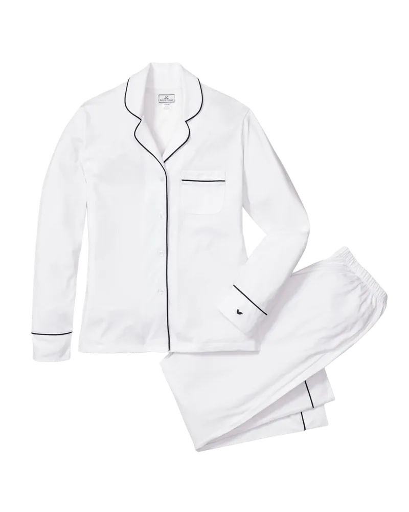 Women's Pima Pajama Set in White with Navy Piping
