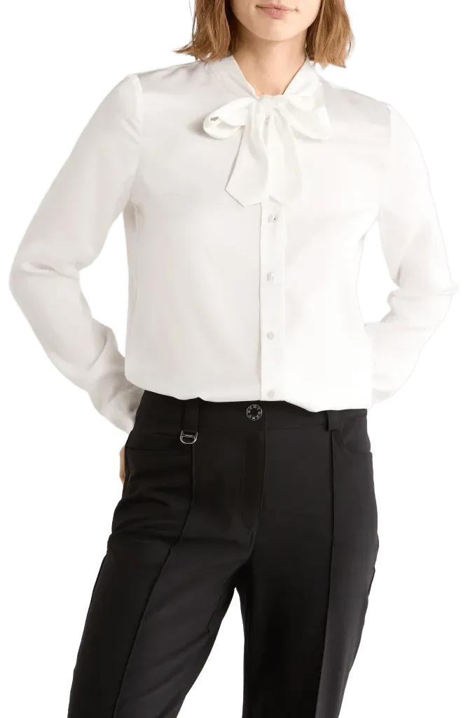 Crinkled Chiffon Long Sleeve Tie Neck Shirt