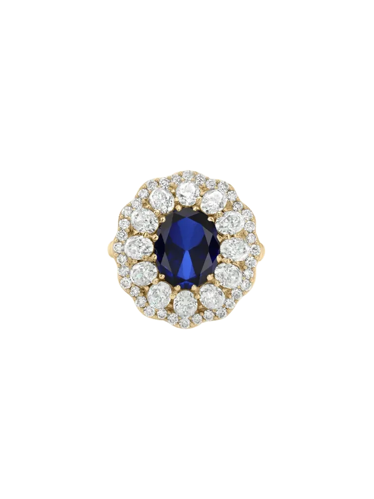TATE RING IN LAB BLUE SAPPHIRE AND MOISSANITE, GOLD VERMEIL