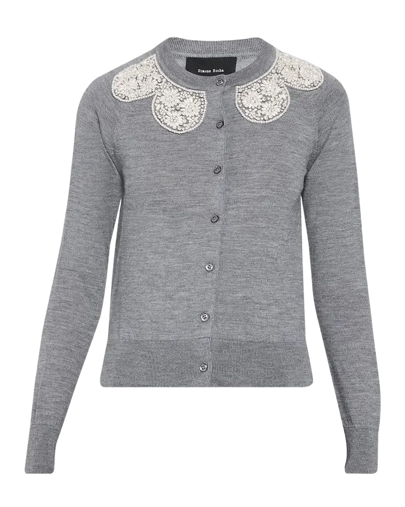 Embellished Classic Merino Wool-Silk Crewneck Cardigan