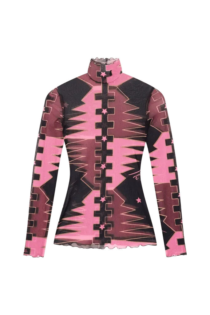 Valdimontone Print High-Neck Tulle Top