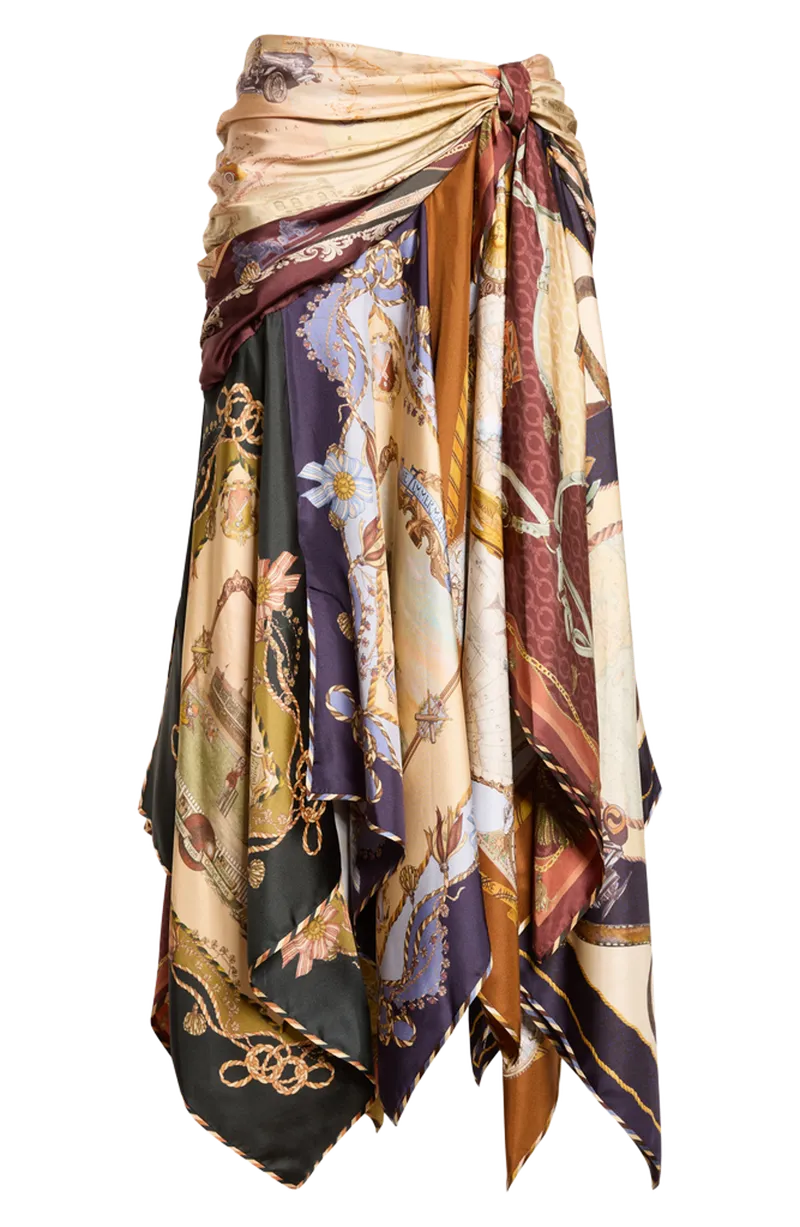 Valiant Print Draped Silk Scarf Skirt