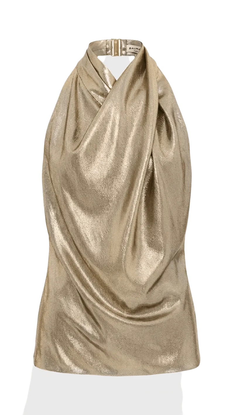 Balmain Halterneck Open Back Metallic Blouse