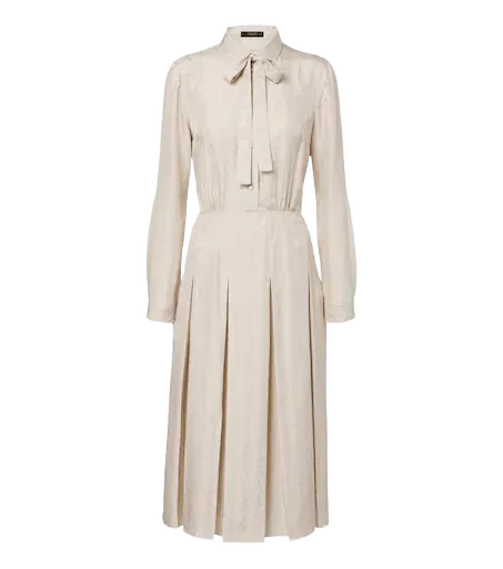 Pleated tie-neck silk jacquard shirt dress