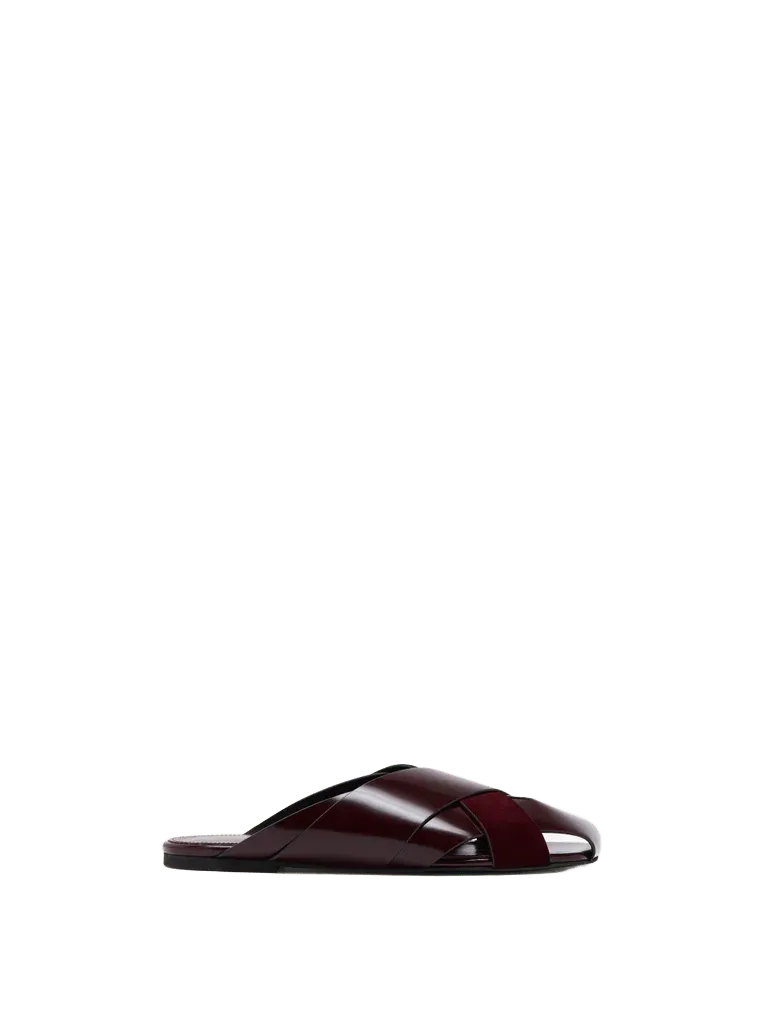 Slant Cross Slides in Brushed Calf and Calfsuede - Merlot