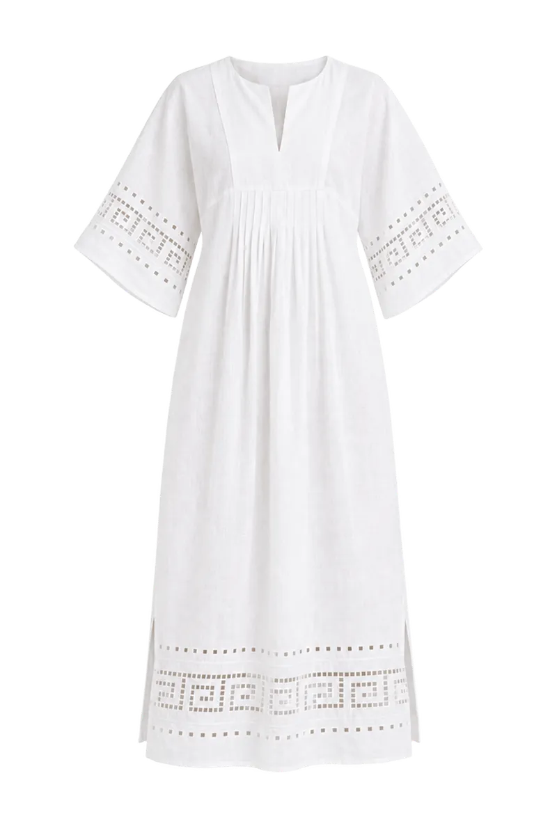 White Greek Key Embroidered Linen Adrianne Dress