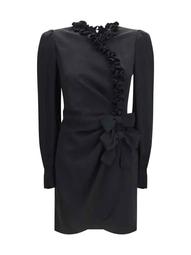 Alessandra Rich Silk Jacquard with Ruffled Neckline Dress — Black