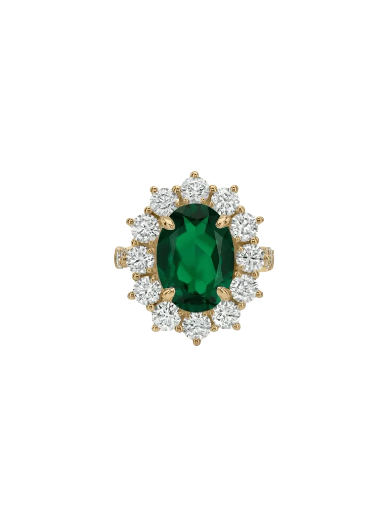 14K SPENCER RING IN DEEP LAB EMERALD AND LAB DIAMOND, 14K YELLOW GOLD