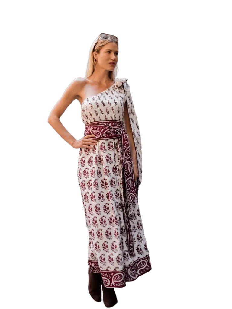 Chelsea One-Shoulder Dress in Burgundy/Chocolate Paisley