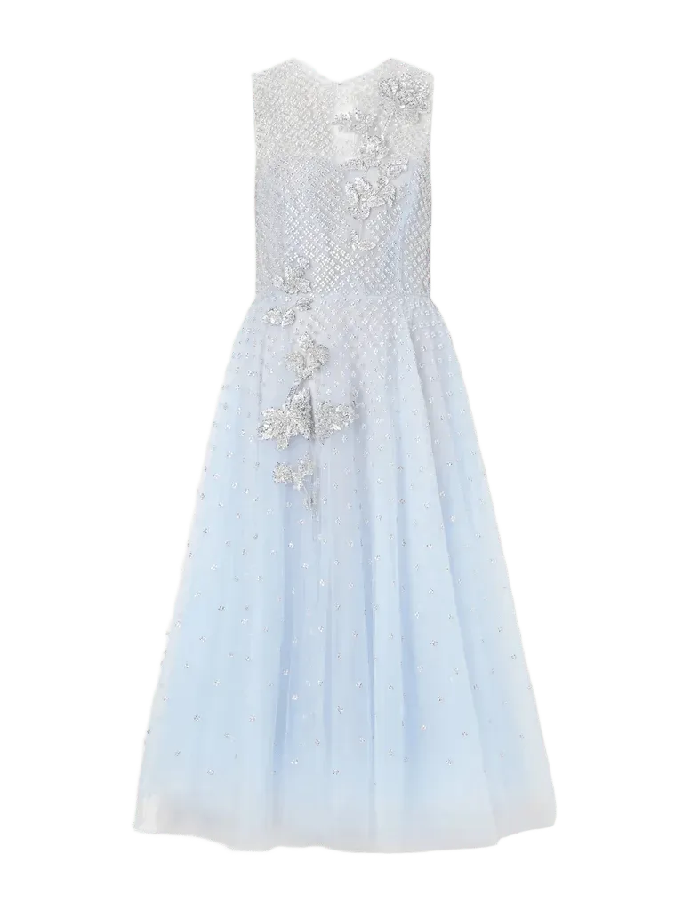 Layered crystal-embellished organza and tulle midi dress