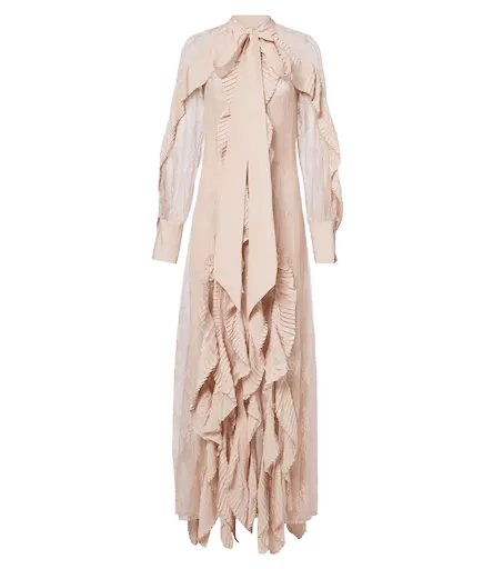 Ruffled tie-neck lace gown