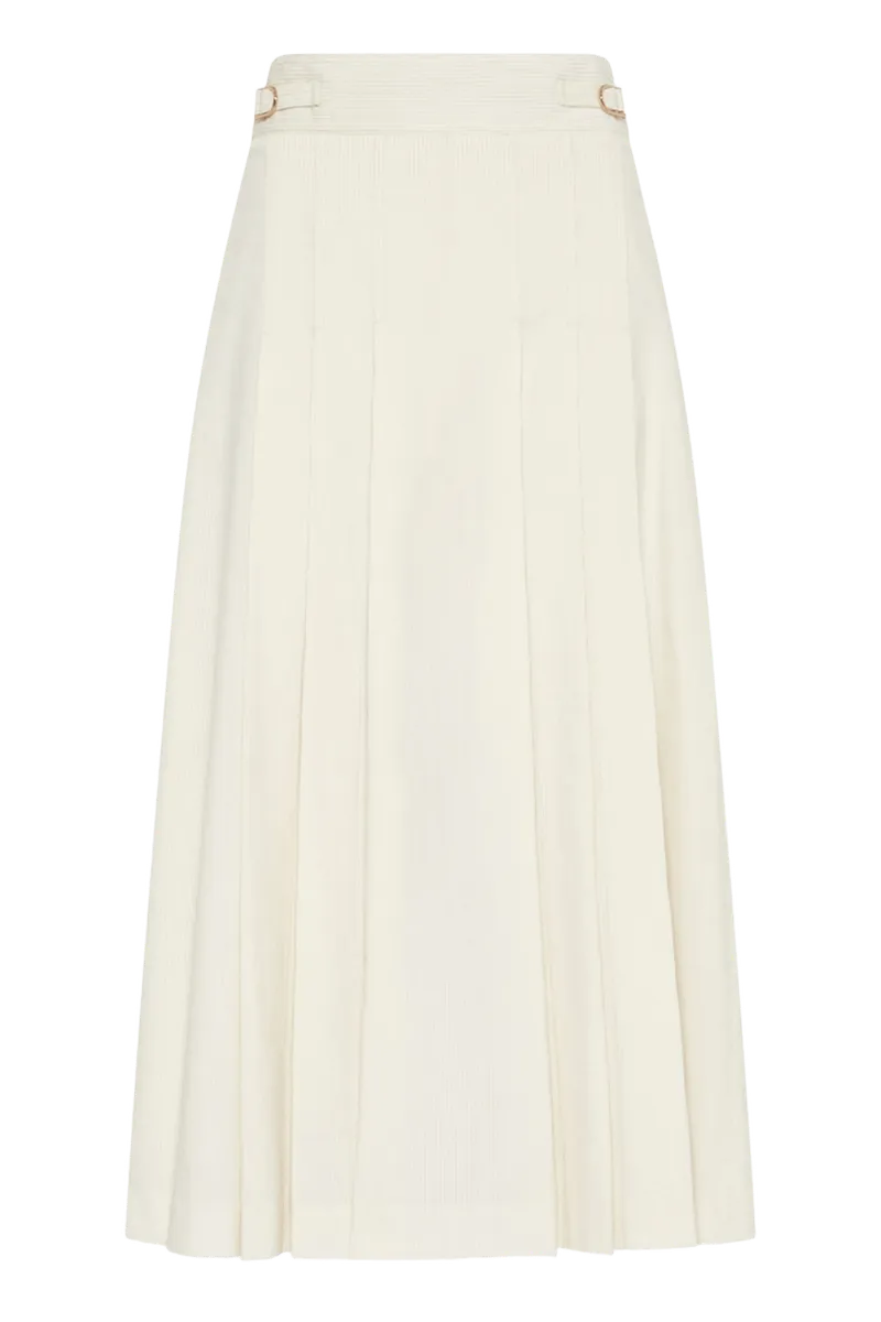 Wesley Pleated Midi Skirt in Ivory Sea Island Cotton Corduroy