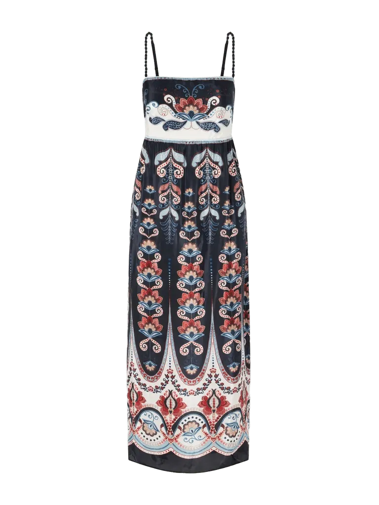 Nikita Winter bead-embellished printed charmeuse midi dress