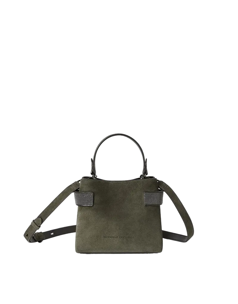 Essence small top-handle bag in suede with precious bands