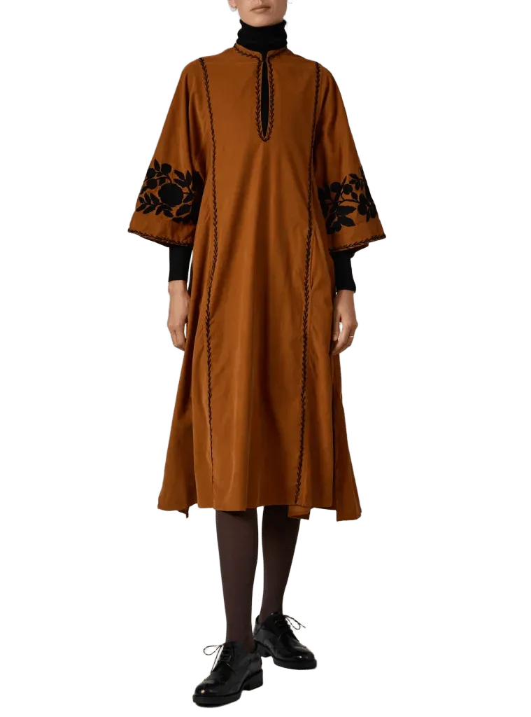 Rachel Midi Kaftan - Balkanic Embroidery - Noisette / Black