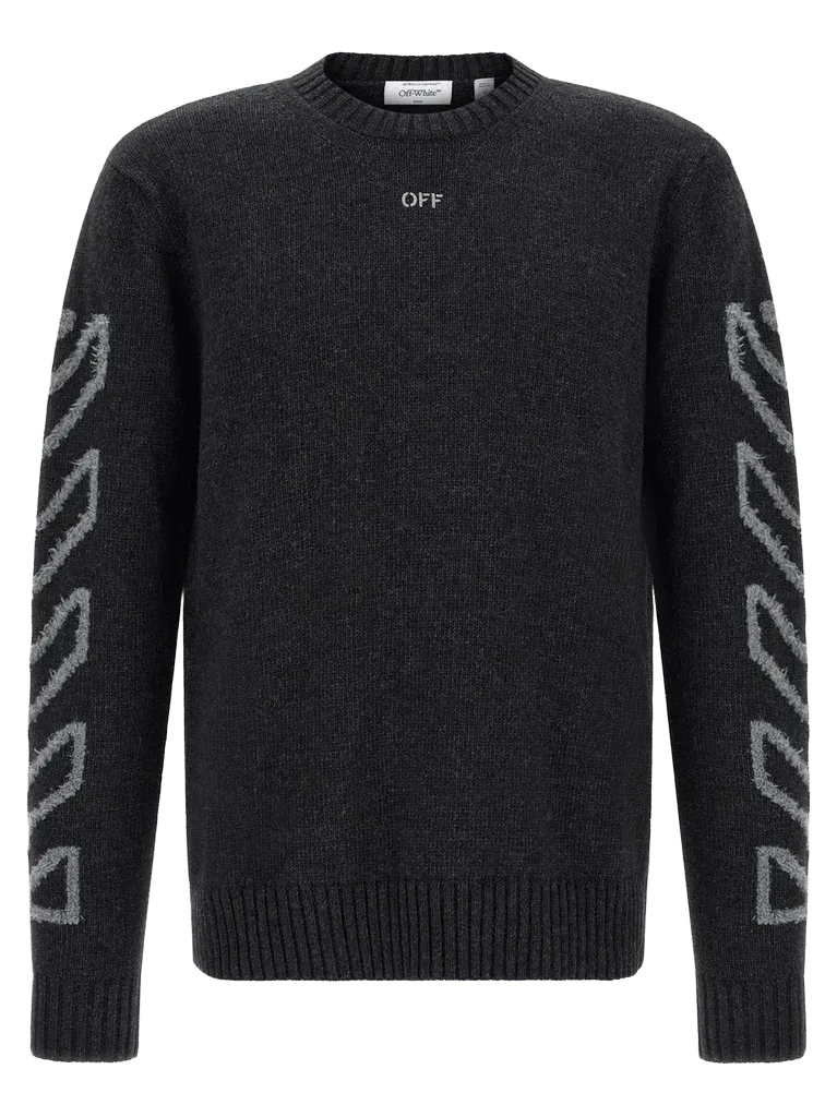 Off-White Diagonal Arrow Wool Crew Neck Sweater — Gray