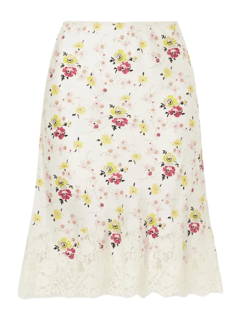 Elowette floral-print lace-trimmed silk-satin knee-length skirt