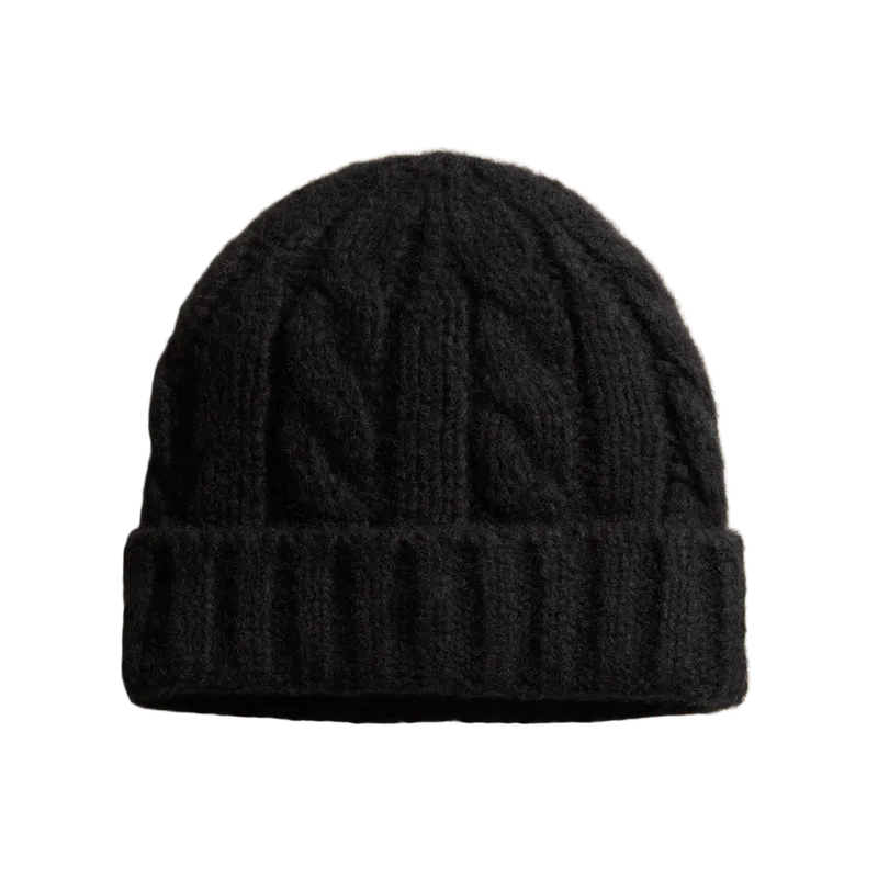 Lightweight Textured Cashmere Cable Knit Beanie - True Black