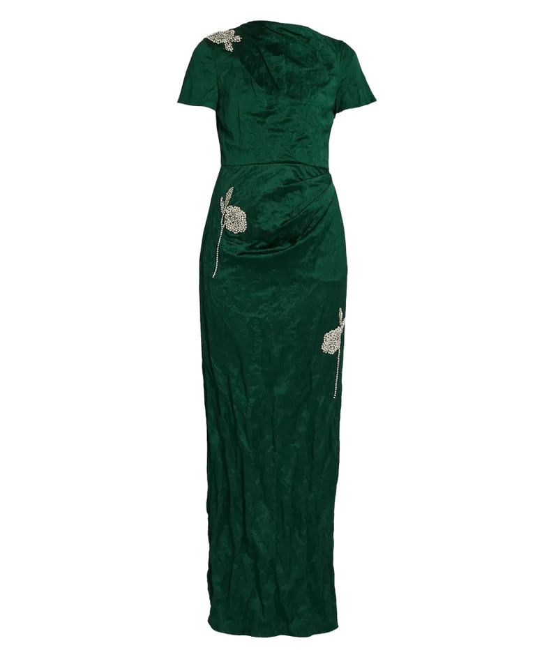 Embroidered Textured Satin Short Sleeve Gown