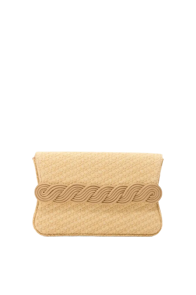 Beige straw clutch with braided passementerie