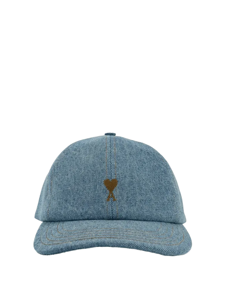 AMI Paris UCP264 Embroidered Logo Denim Baseball Cap — Blue