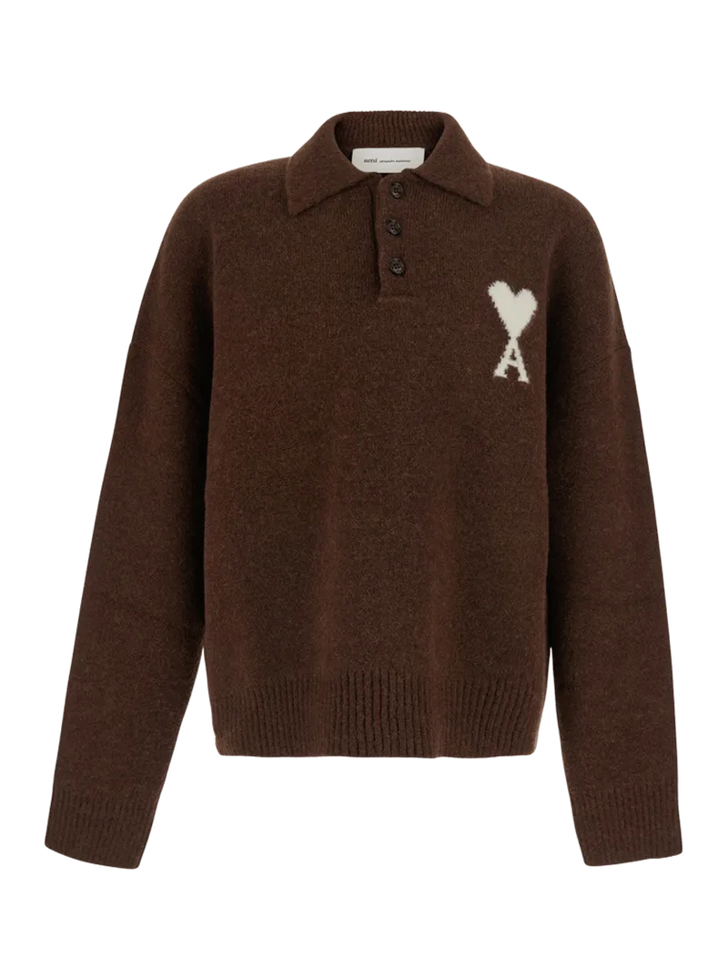 AMI Paris Wool with Embroidered Logo Polo Sweater — Brown