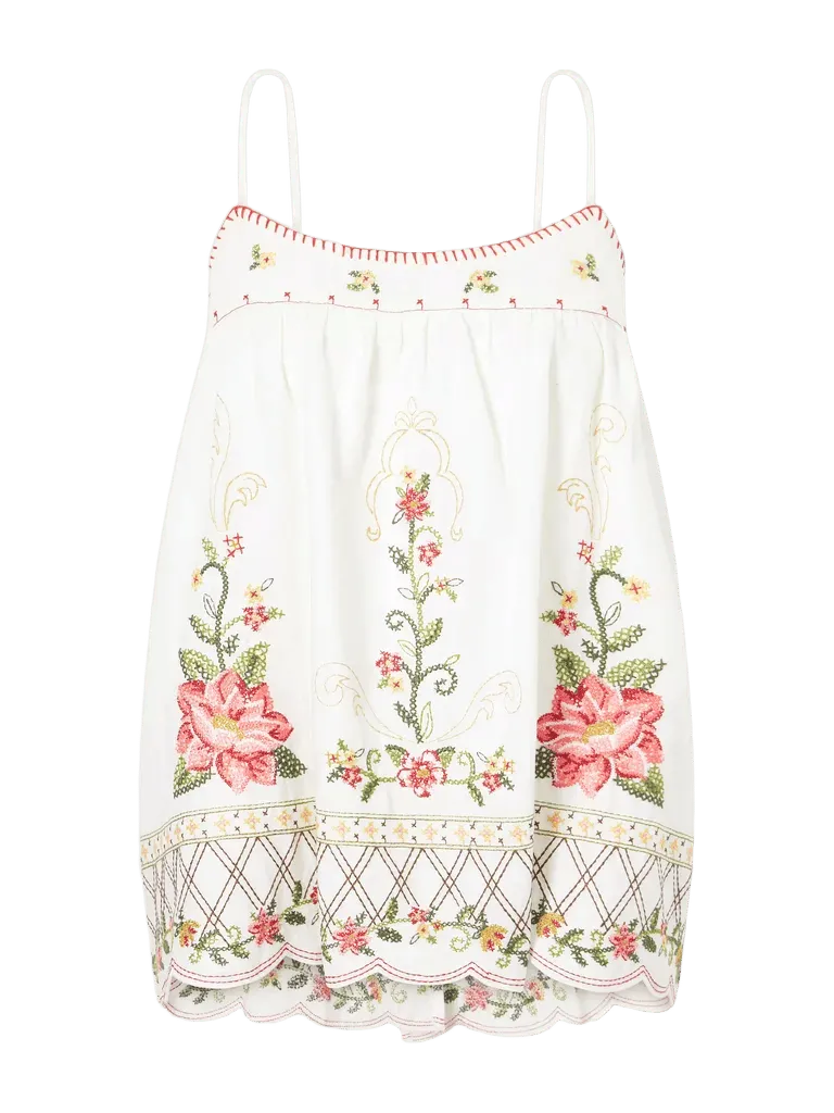 Floral-embroidered linen-blend cami
