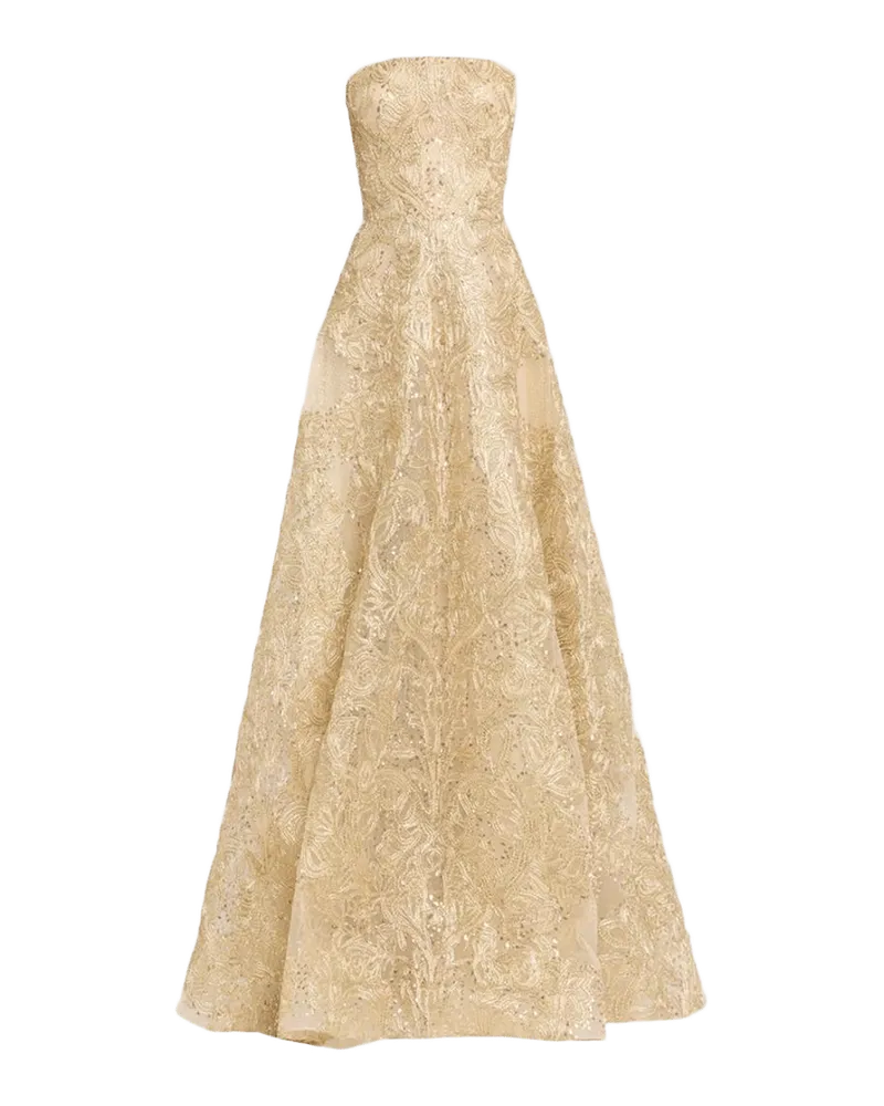 Metallic Raffia Embroidered Strapless Evening Gown