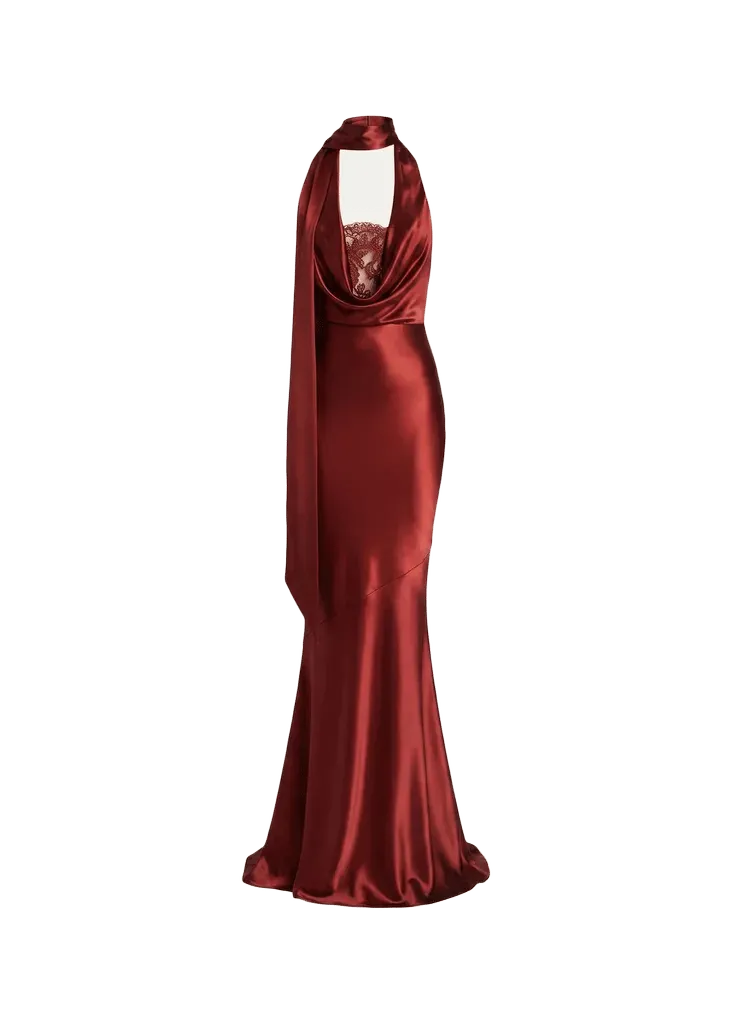 Melly Satin Lace-Trim Scarf Gown