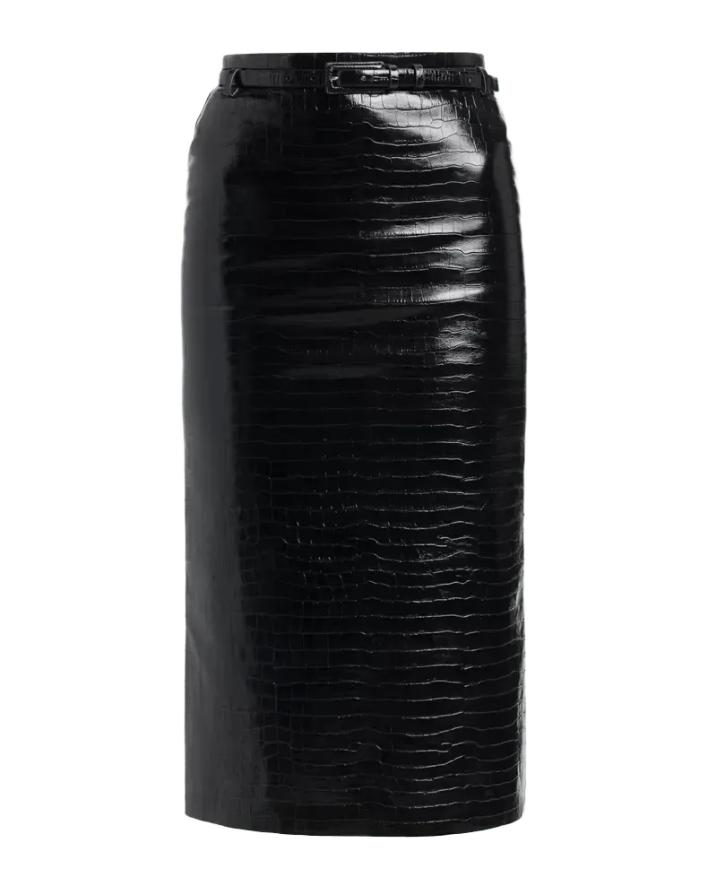 Exotic Croco Embossed Leather Midi Skirt With Belt