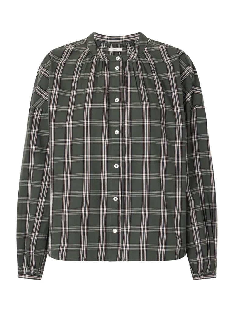 Cilla gathered checked organic cotton-poplin blouse