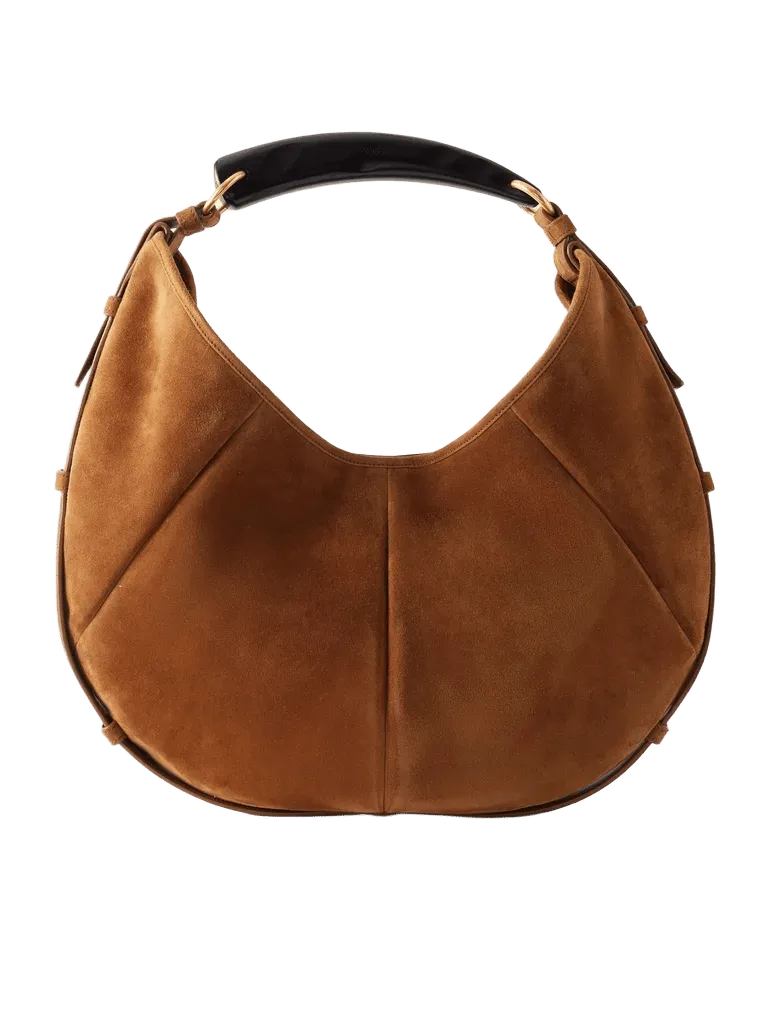 Mombasa paneled leather-trimmed suede shoulder bag