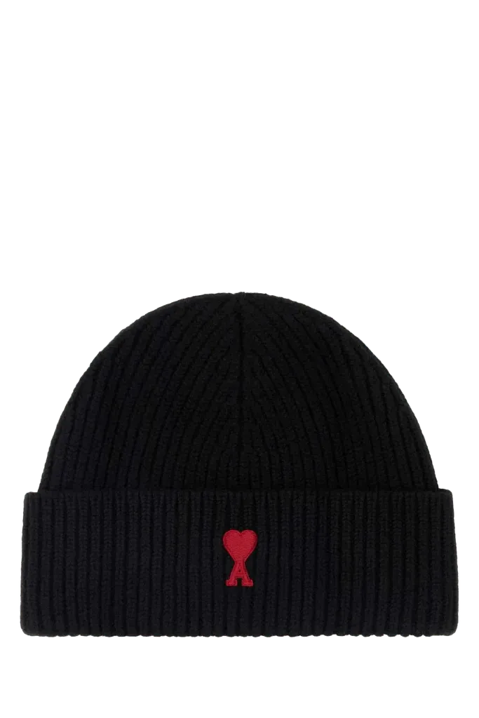 AMI Paris BFUHA116018 Ribbed Virgin Wool Beanie — Black