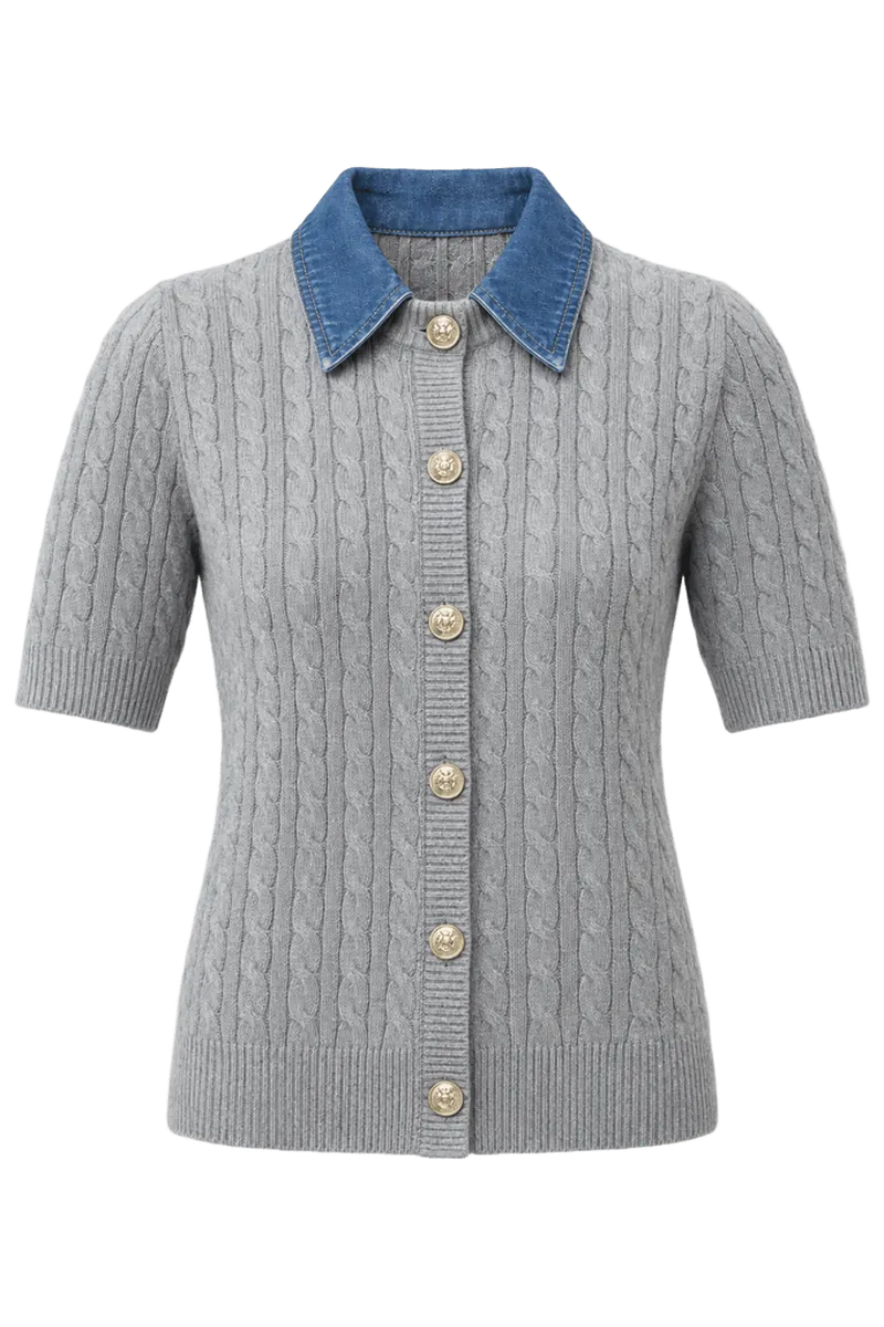 Weekend Denim Collar Cable Cardigan